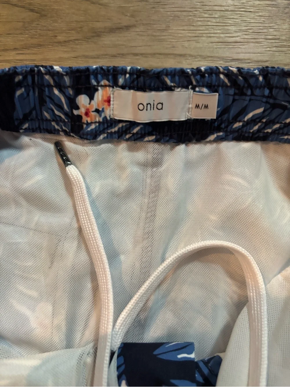 Onia Navy Floral Leaf-Print Swim Trunks